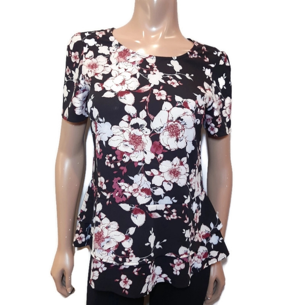 Rickis Floral Tiered Peplum Blouse Short Sleeve Keyhole Ruffled Top Size 4